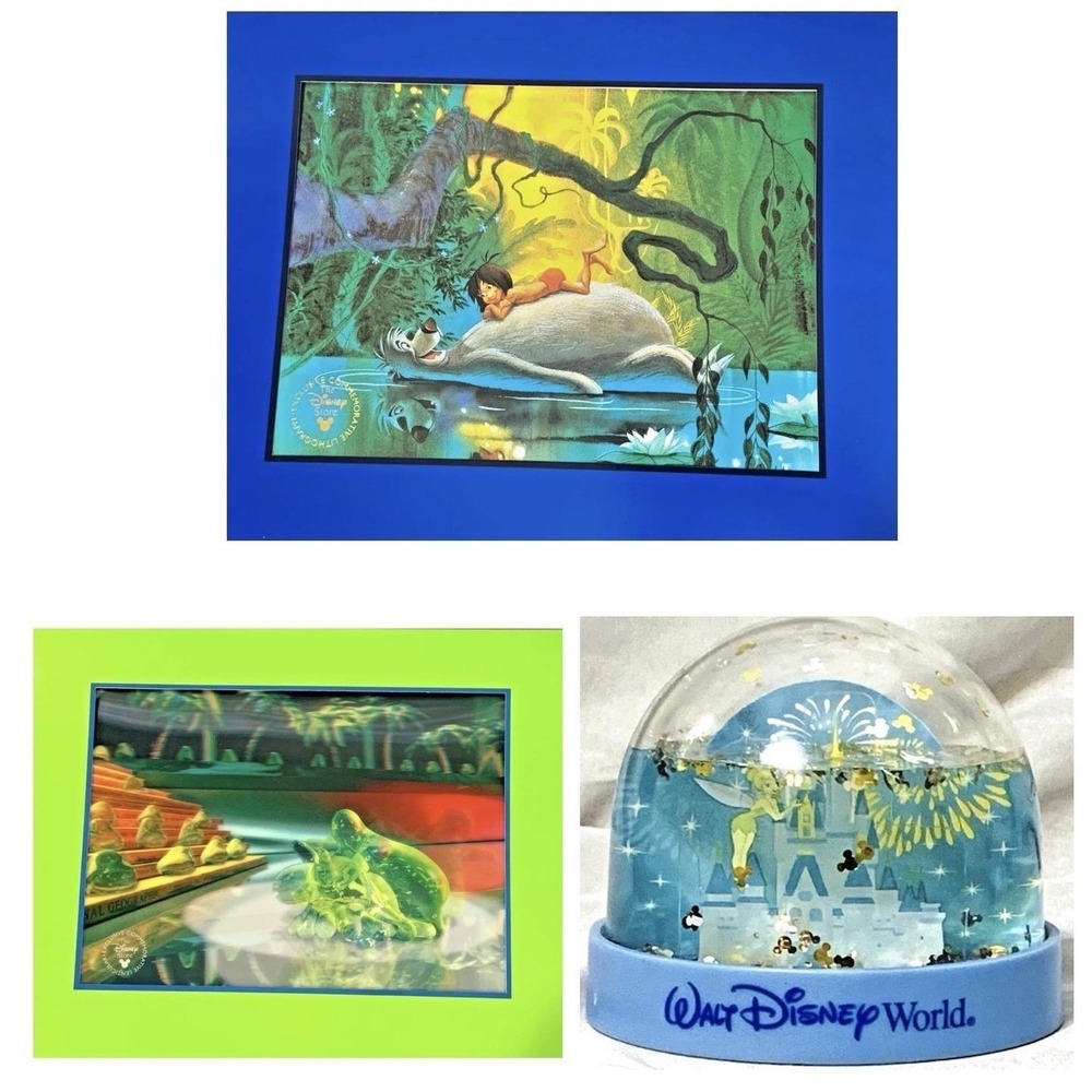 Vintage Disney Lithograph Lot Jungle Book Flubber Snow Globe Bundle WDW
